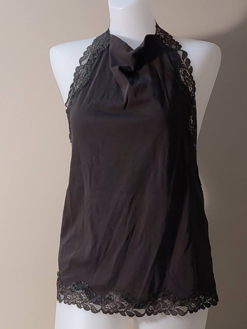 Mango (MNG) Black Kristen Draped Lace Detail Cotton Halter Top Size: M